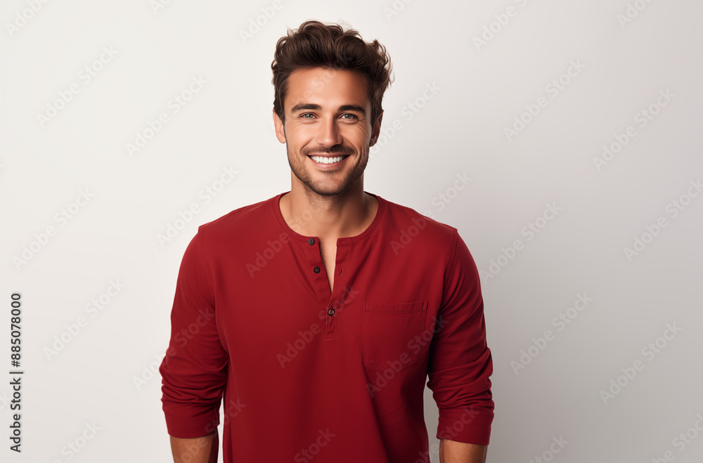 Smiling Man In A Red Shirt Standing Against A Plain Background Smiling Man In A Red Shirt Standing Against A Plain Background