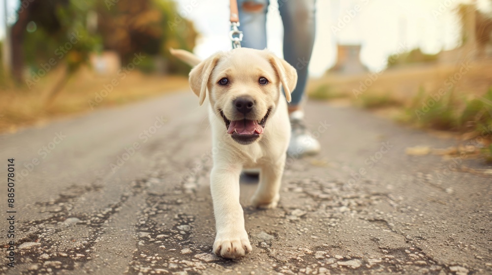 A cute very happy labrador puppy taking a daily walk with his owner, dog on a leash A cute very happy labrador puppy taking a daily walk with his owner, dog on a leash