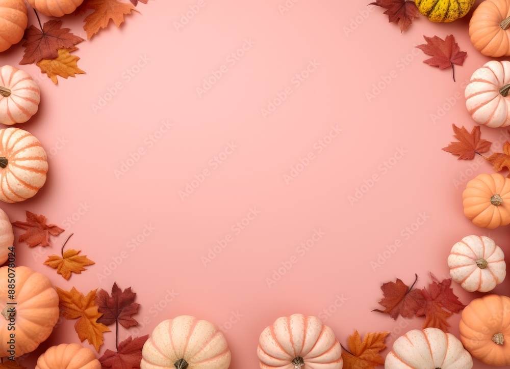 Fototapeta premium A collection of pumpkins on a pink background.