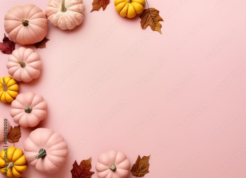 A collection of pumpkins on a pink background. A collection of pumpkins on a pink background.