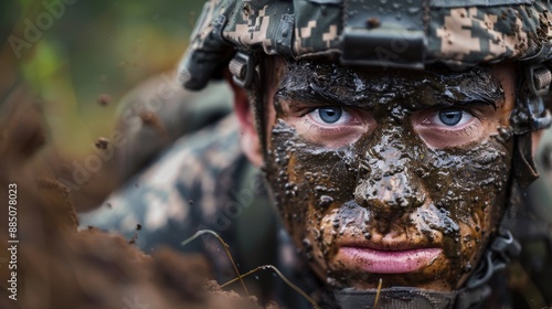 Determined American Soldier in Intense Muddy Obstacle Course Training photo