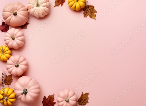 A collection of pumpkins on a pink background.