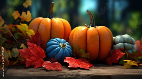 Fall autumn background with leaves and pumpkins. photo