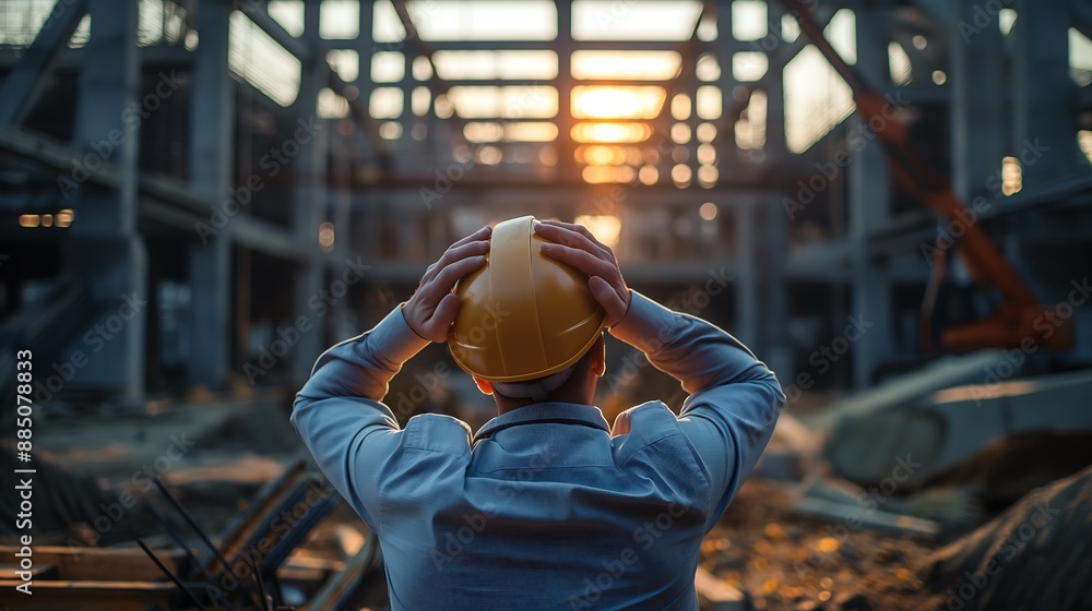 Stressed engineer or builder shocked by failed building construction or ...