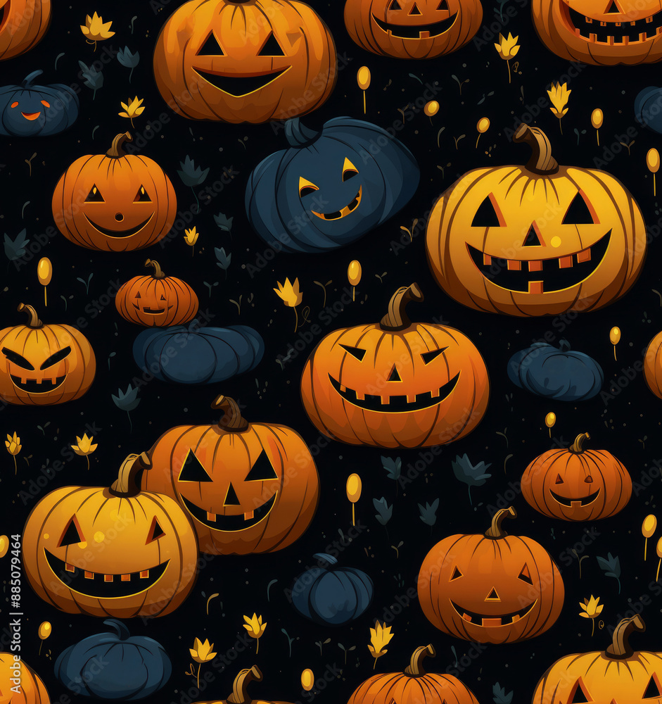 Spooky Halloween pumpkins carved with eerie faces seamless pattern. Spooky Halloween pumpkins carved with eerie faces seamless pattern.