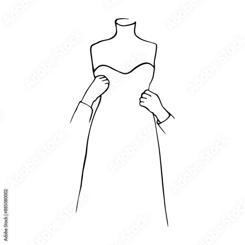 mannequin with a bustier dress being watered by the hands of seamstresses - hand-drawn doodle