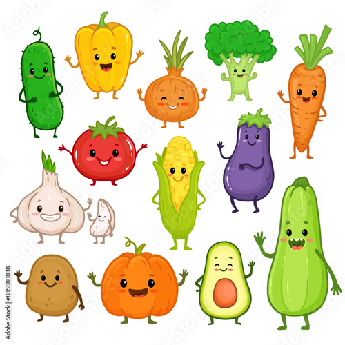 Set of cartoon vegetable characters. Cute broccoli, potato, carrot, tomato, pepper, eggplant, onion, cucumber, corn, avocado, pumpkin with arms and legs for kids. Food illustration. Menu. Vector