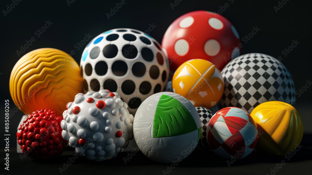 Fototapeta premium This 3D rendering features three distinct sports balls: a basketball, a football, and a volleyball. Each ball is depicted with high-quality textures and realistic details, set against a neutral 