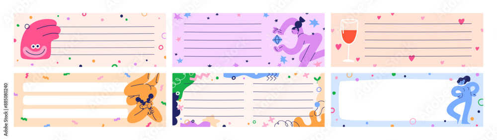 Cute doodle style papers, horizontal page designs for notepad, notebook. Blank framed backgrounds, long banners set with colorful funny elements. Planners, journals templates. Flat vector illustration Cute doodle style papers, horizontal page designs for notepad, notebook. Blank framed backgrounds, long banners set with colorful funny elements. Planners, journals templates. Flat vector illustration