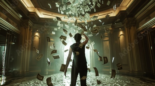 A person celebrates in a luxurious setting as money rains down, symbolizing wealth and financial triumph