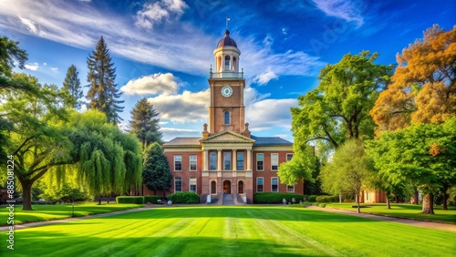 Historic clock tower rises above lush greenery surrounded by iconic columns and majestic architecture on a sunny day. photo