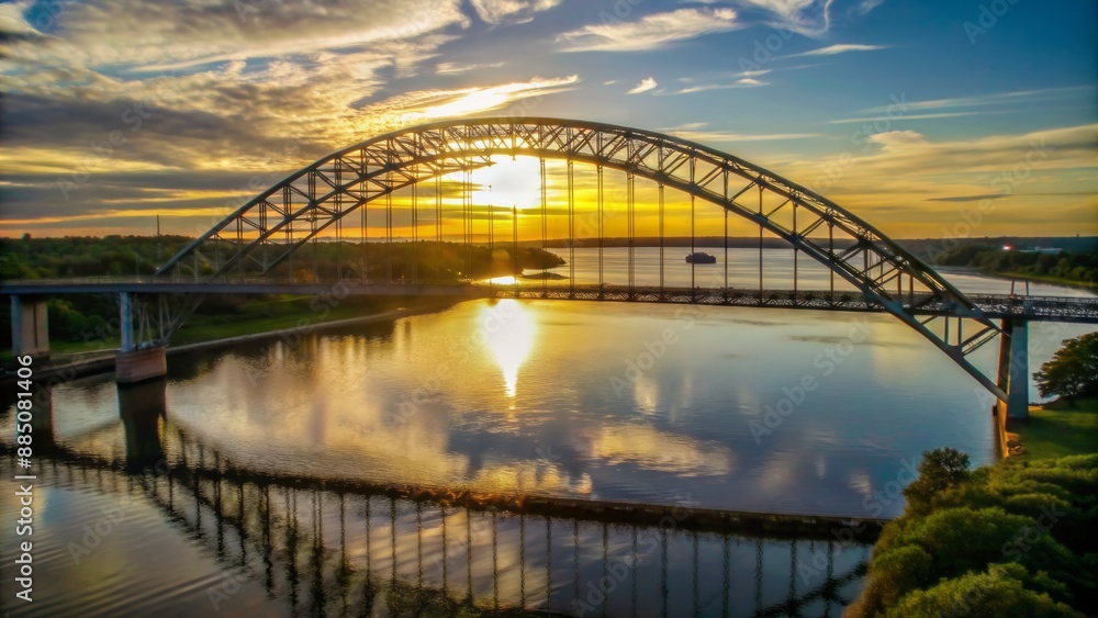 Golden sunrise casts warm glow on majestic steel arches of iconic bridge spanning tranquil waters in stunning aerial perspective view. Golden sunrise casts warm glow on majestic steel arches of iconic bridge spanning tranquil waters in stunning aerial perspective view.