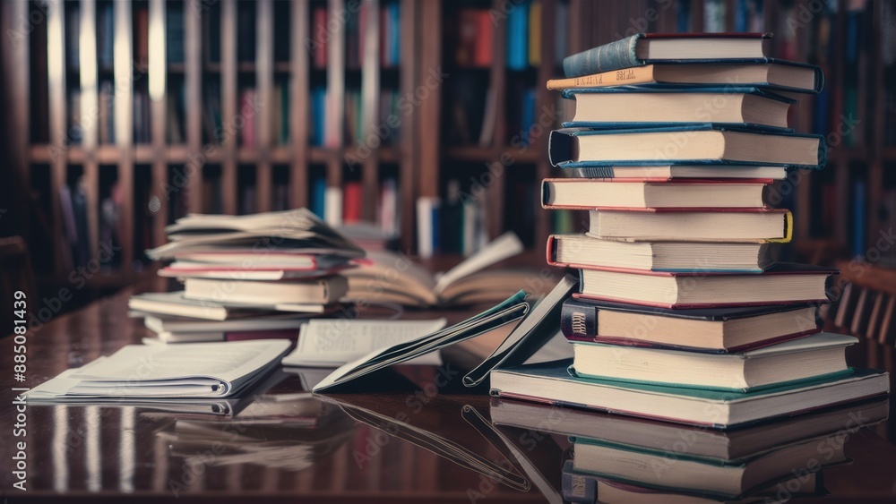 A stack of books on a table in front of some shelves, AI A stack of books on a table in front of some shelves, AI