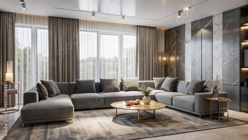 Modern luxurious living room interior design mockup with sleek gray sofa  marble coffee table  and floor-to-ceiling windows.