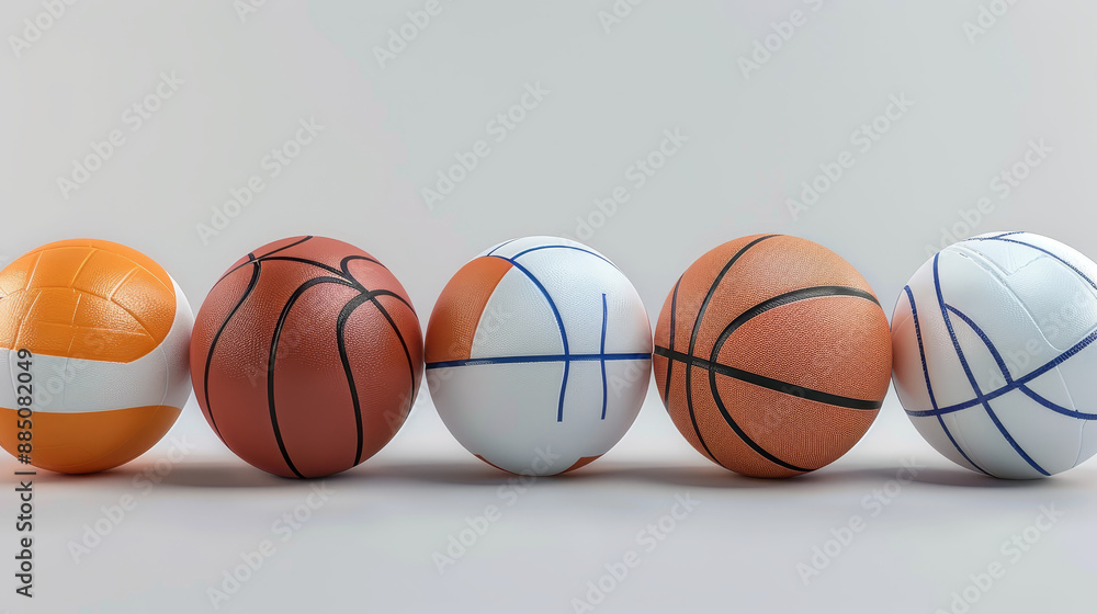 This 3D rendering features three distinct sports balls: a basketball, a football, and a volleyball. Each ball is depicted with high-quality textures and realistic details, set against a neutral This 3D rendering features three distinct sports balls: a basketball, a football, and a volleyball. Each ball is depicted with high-quality textures and realistic details, set against a neutral