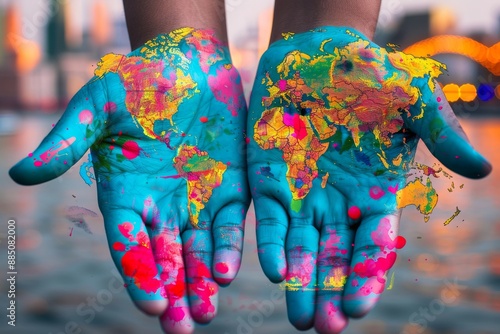 Colorful World Map Painted on Hands: Symbol of Global Unity and Diversity