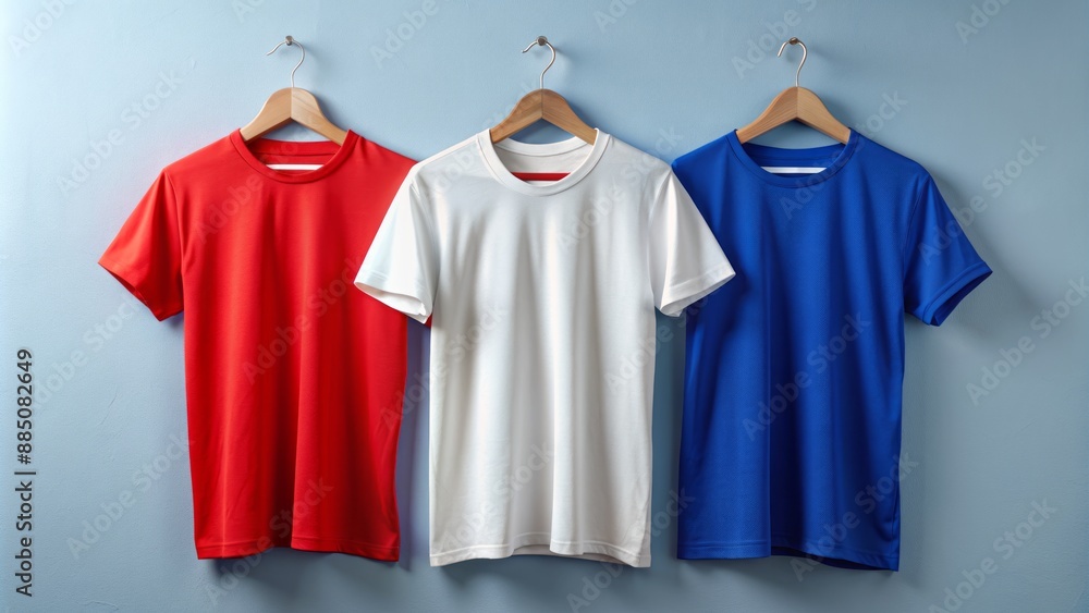 Vibrant blue, white, and red Trio of t-shirts suspended on a hanger, resembling the French national flag, against a light, uniform background. Vibrant blue, white, and red Trio of t-shirts suspended on a hanger, resembling the French national flag, against a light, uniform background.