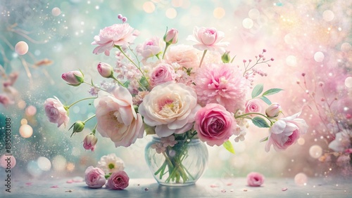 Delicate soft pink flower arrangement surrounded by whimsical watercolor splashes and subtle texture, creating a dreamy, ethereal background scene.