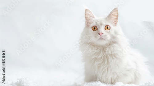 Fluffy domestic white highland cat portrait on white background Adorable kitty with large yellow eyes Copy space included