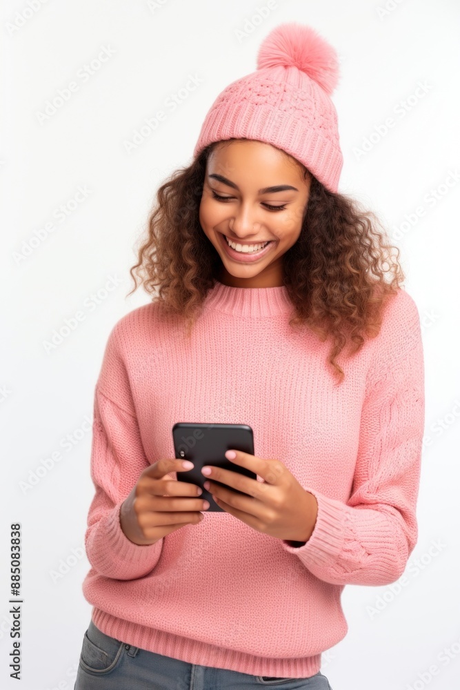 Woman smiling using smartphone Woman smiling using smartphone