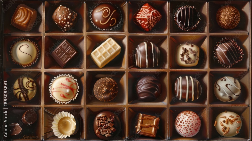 In a decadent display of indulgence, a box of assorted chocolates tempts the senses with its rich variety of flavors, from creamy milk to velvety dark, and delicate white. In a decadent display of indulgence, a box of assorted chocolates tempts the senses with its rich variety of flavors, from creamy milk to velvety dark, and delicate white.