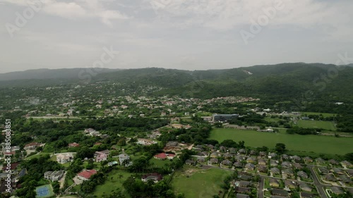 Stunning aerial shot of mountain drone tropical shot of blue sky turquoise water in st. ann's ochos rios Jamaica stunning view and scenery destination vacation photo