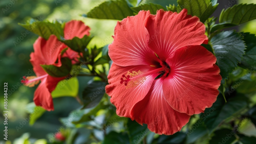 A close up of a red flower with green leaves in the background, AI A close up of a red flower with green leaves in the background, AI