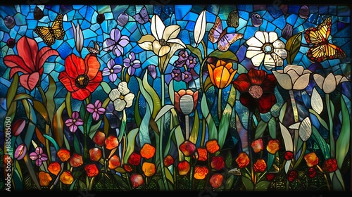 stained glass art of A lush garden bursting with colorful flowers like roses, lilies, and tulips, butterflies fluttering among the blossoms.