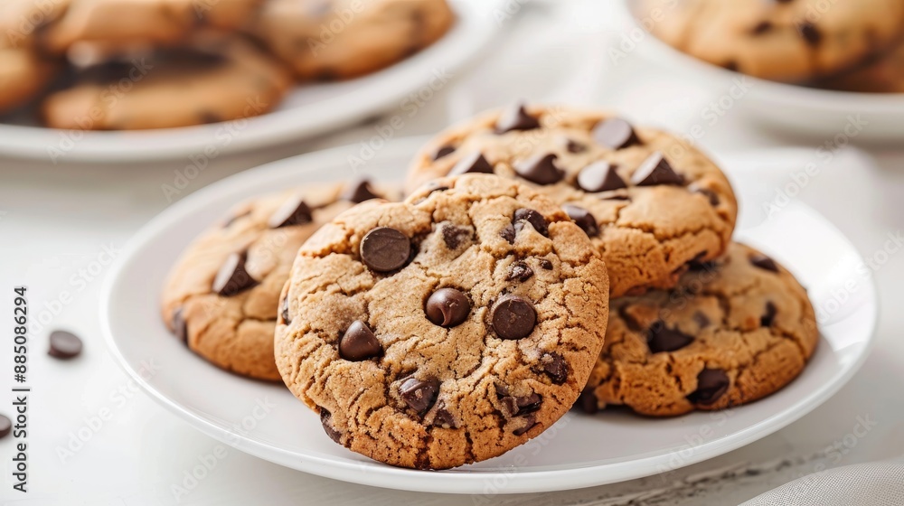Freshly baked chocolate chip cookies on a white plate, capturing the homemade treat's charm. Freshly baked chocolate chip cookies on a white plate, capturing the homemade treat's charm.