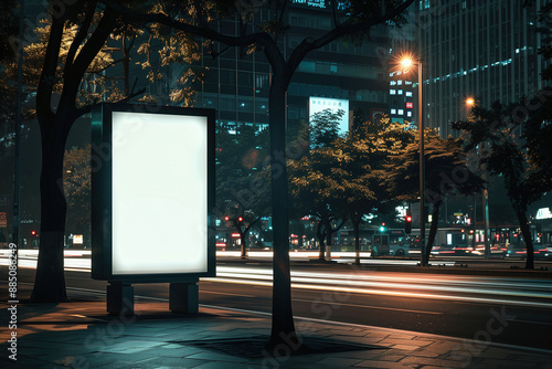 Blank Billboard on City Street at Night. High quality photoA brightly lit blank billboard on a busy city street at night, surrounded by trees and modern buildings with light trails from passing cars. photo