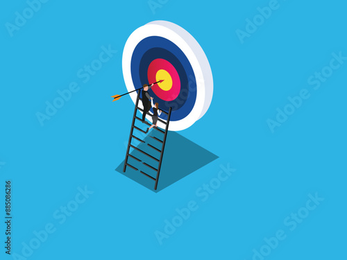 Two businesspeople climbing ladder to reach bullseye target 3d isometric vector illustration