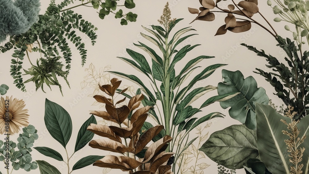 Obraz premium wallpapers with detailed botanical illustrations. Include a variety of plants, leaves, and flowers