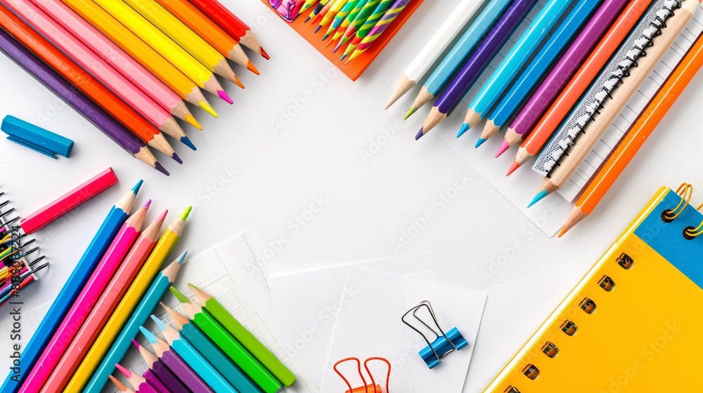 An overhead view of vibrant school supplies on a white background, featuring colored pencils, notebooks, and sticky notes An overhead view of vibrant school supplies on a white background, featuring colored pencils, notebooks, and sticky notes