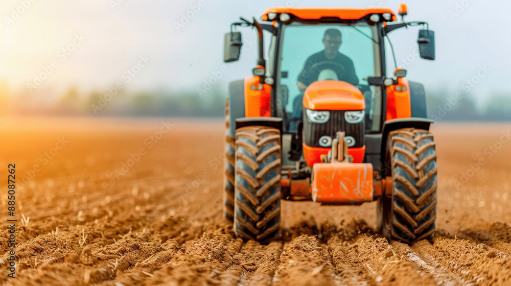 Obraz premium A vibrant orange tractor plows through a sunlit field, preparing the soil for planting. Agriculture and farming machinery in action.