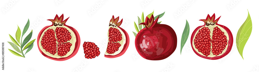 Set of pomegranate fruits. Isolated elements for design. Pomegranate vector illustration. Pomegranate, berries, seeds and leaves in cartoon style. SHANA TOVA. Pomegranate fruit vector abstract icon. Set of pomegranate fruits. Isolated elements for design. Pomegranate vector illustration. Pomegranate, berries, seeds and leaves in cartoon style. SHANA TOVA. Pomegranate fruit vector abstract icon.