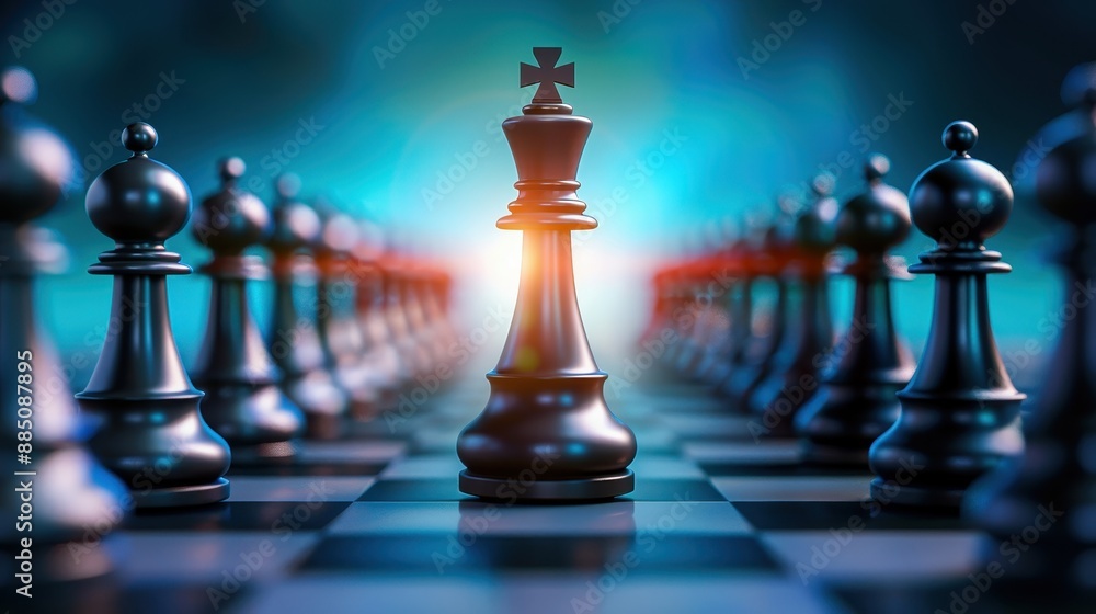 Close-up of chess pieces on a board, with a king in focus and strategic lighting, symbolizing leadership and strategy. Close-up of chess pieces on a board, with a king in focus and strategic lighting, symbolizing leadership and strategy.