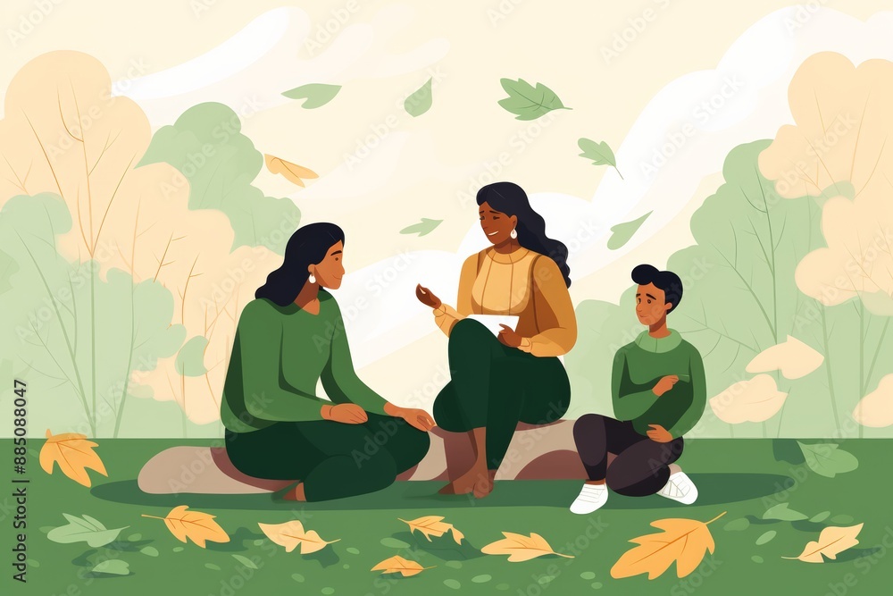 Fototapeta premium Three women are sitting on a rock in a park, with a young boy sitting between them. Scene is peaceful and relaxing, as the women and the boy are enjoying each other's company in a natural setting