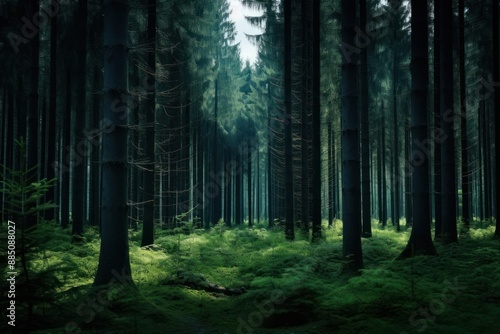 Deep pine forest background vegetation rainforest landscape.