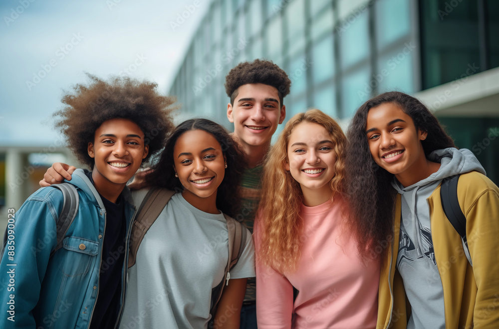 A group of diverse teenagers smiling and standing together outdoors, symbolizing friendship and unity A group of diverse teenagers smiling and standing together outdoors, symbolizing friendship and unity