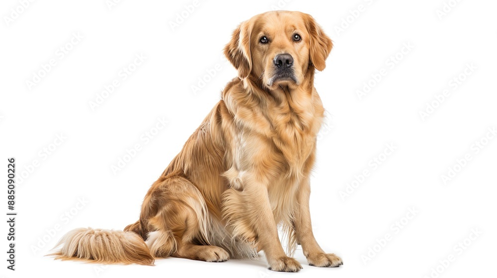 A Golden Retriever sitting and looking directly at the camera, isolated on a white background A Golden Retriever sitting and looking directly at the camera, isolated on a white background