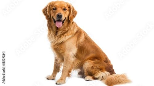 A Golden Retriever sitting and wagging its tail, isolated on a white background