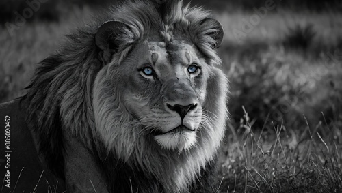 Monochrome image of a lion with striking blue eyes