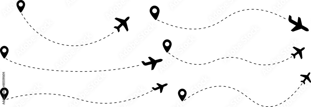 Plane icon set. Flight transport symbol. Airplane icon vector with line trace. Travel flat illustration. Travel symbol. Vector EPS 10 Plane icon set. Flight transport symbol. Airplane icon vector with line trace. Travel flat illustration. Travel symbol. Vector EPS 10