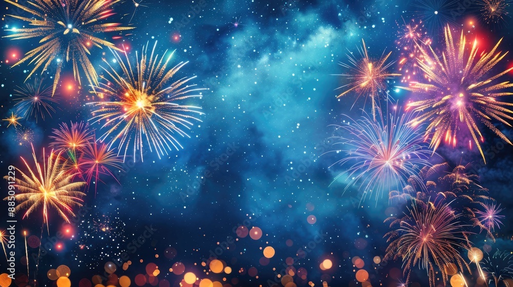 Fototapeta premium New Year's Eve fireworks burst in vibrant colors against a rustic dark blue night sky texture, creating a stunning festive scene