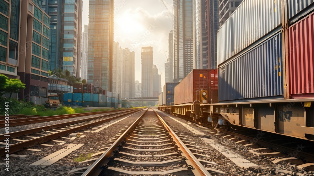Conceptual photography of a train traveling through an urban area with a backdrop of skyscrapers, loaded with shipping containers, representing the integration of rail transport in city logistics Conceptual photography of a train traveling through an urban area with a backdrop of skyscrapers, loaded with shipping containers, representing the integration of rail transport in city logistics