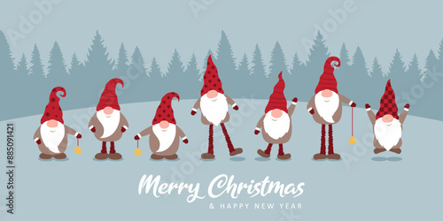 christmas greeting card with cute christmas dwarf in winter vector illustration