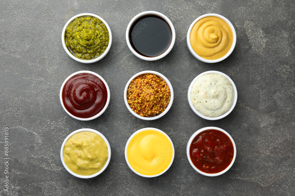 custom made wallpaper toronto digitalMany different sauces in bowls on grey table, top view