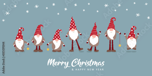 christmas greeting card with cute christmas dwarf in winter vector illustration