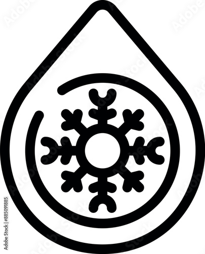 Simple black and white icon depicting a snowflake enclosed within a teardrop shape, often used to mark frozen food storage areas