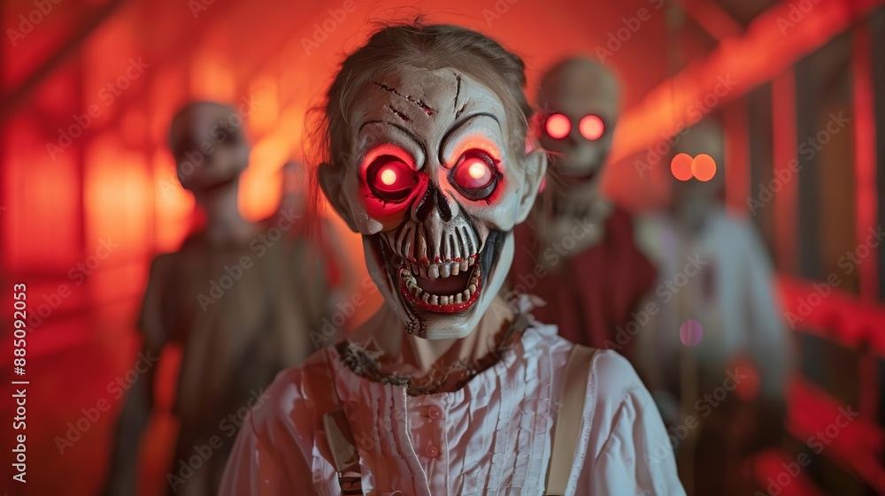 Creepy skeleton figures with glowing red eyes in a dark and eerie tunnel, perfect for Halloween or horror-themed designs. Creepy skeleton figures with glowing red eyes in a dark and eerie tunnel, perfect for Halloween or horror-themed designs.